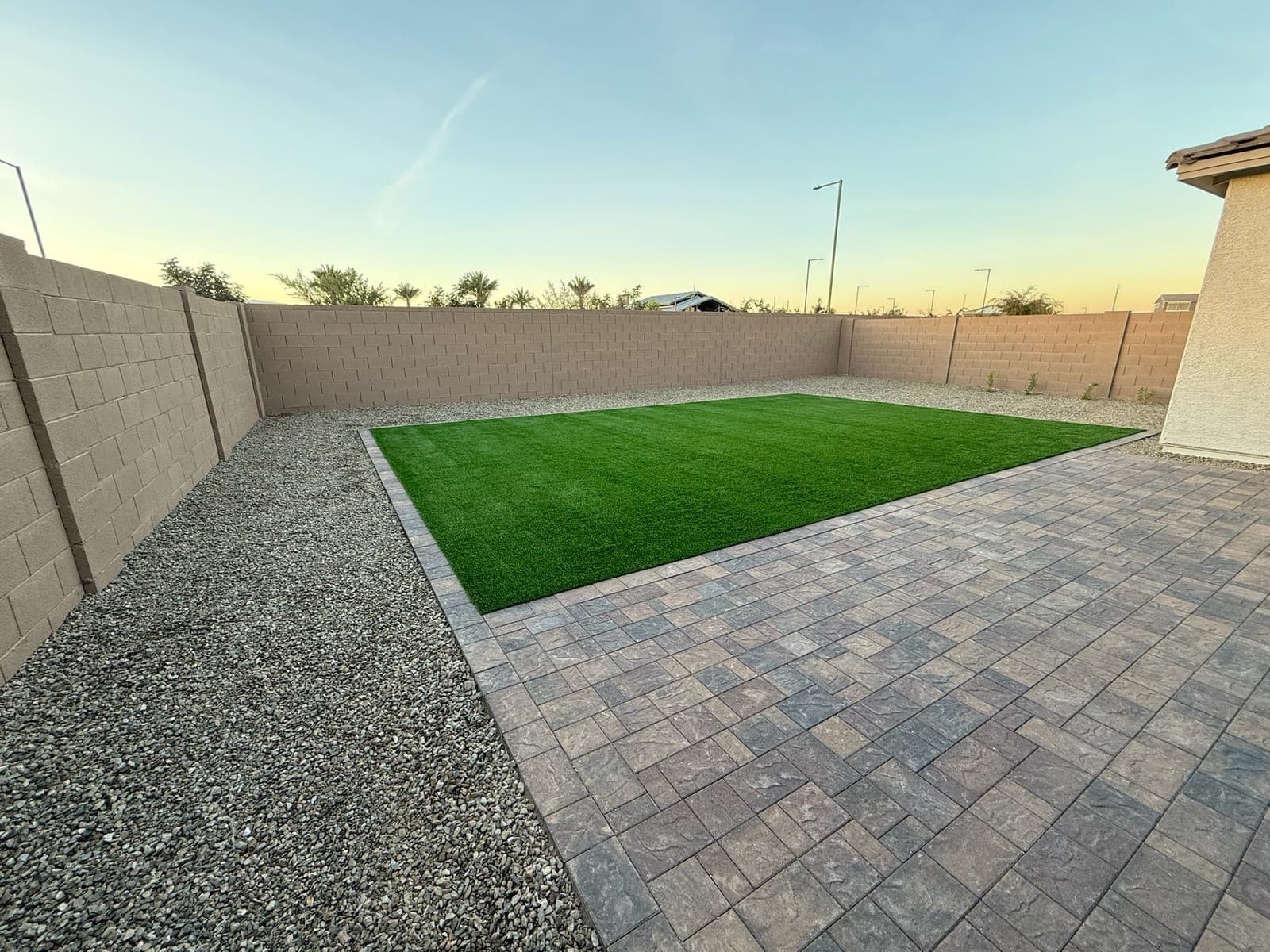 Backyard Composition — Artificial Turf, Concrete Pavers, Gravel in the Phoenix Valley, Arizona